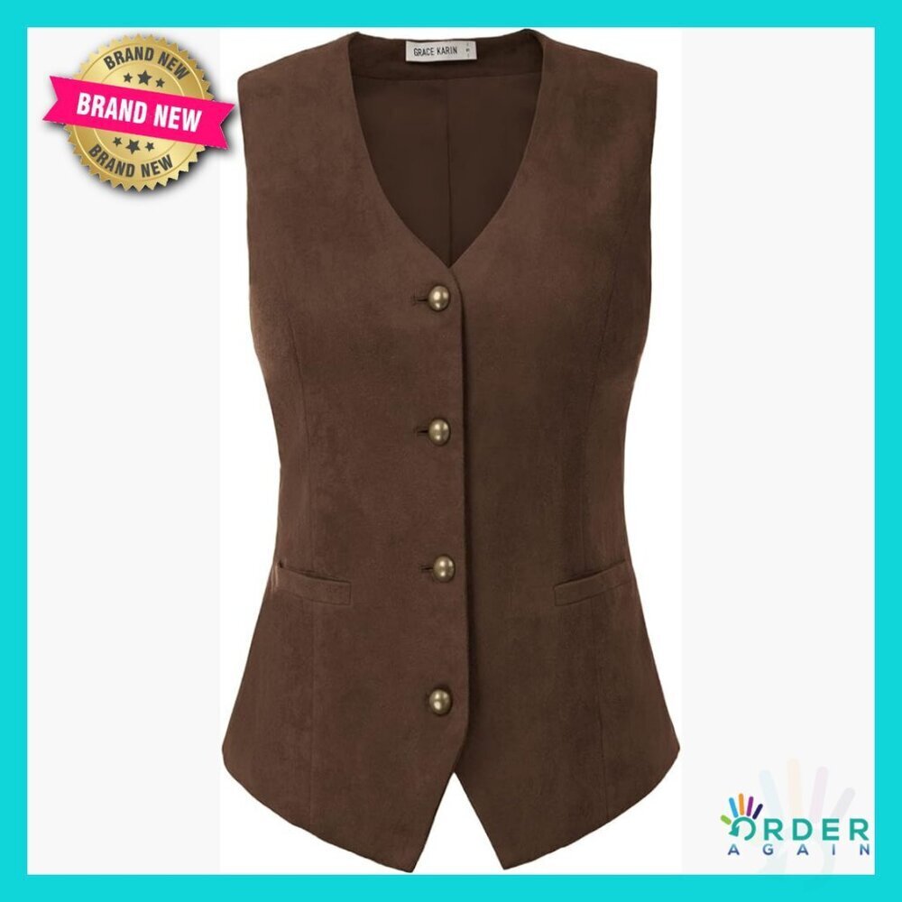 Faux Suede Vest Elegant Office Chic Slim Fit V-Neck Button Up Sleeveless
